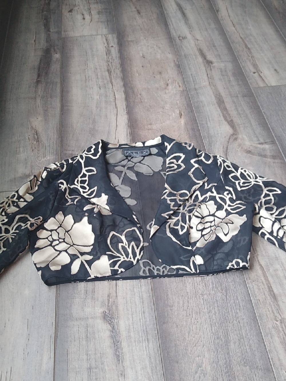Alex Evenings Black Cropped Bolero with Cream Floral Embroidery